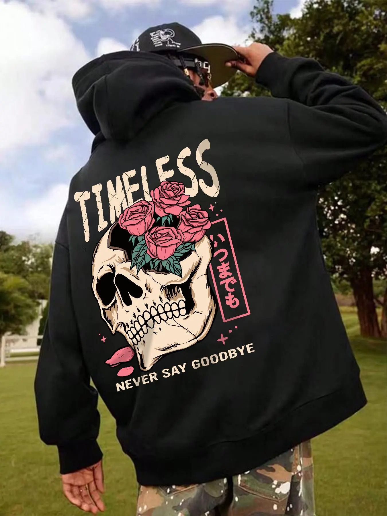 Men's Rose & Skull Print Drop Shoulder Hoodie, Fashion Casual Regular Fit Drawstring Pocket Hooded Sweatshirt for Daily Holiday Outdoor Wear, Men Clothes for Fall & Winter Valentine's Day, gift