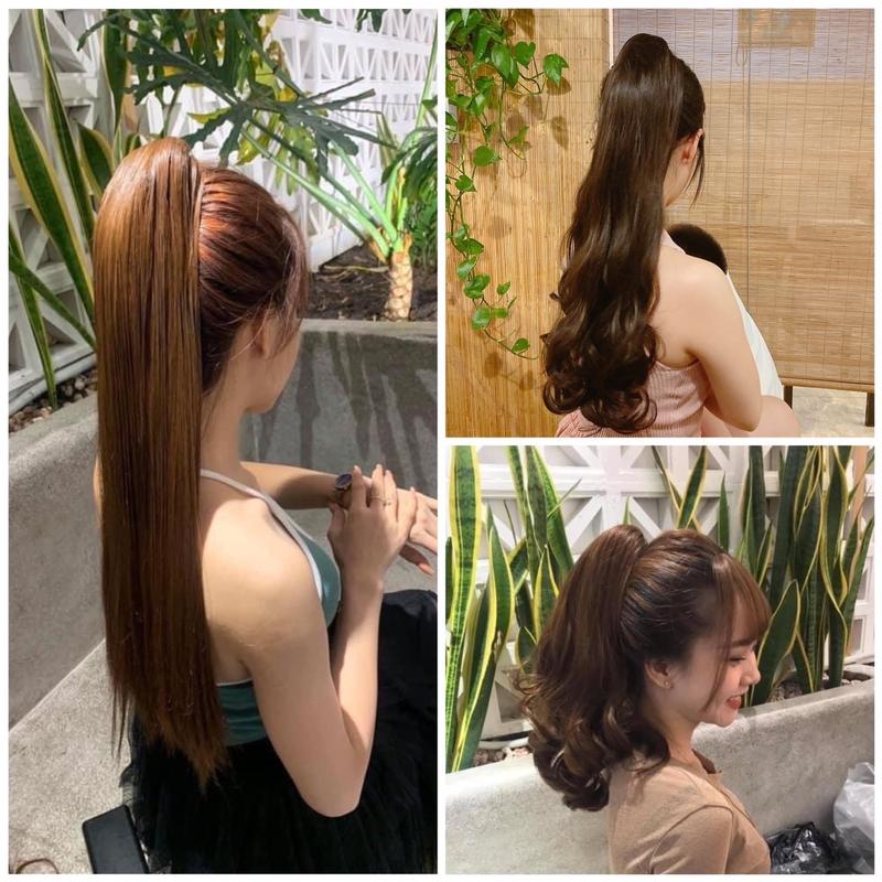 Tóc giả kẹp ngoặm xoăn thẳng xù dài 35-60cm đen nâu đen socola nâu vàng sợi tơ tổng hợp - Nữ