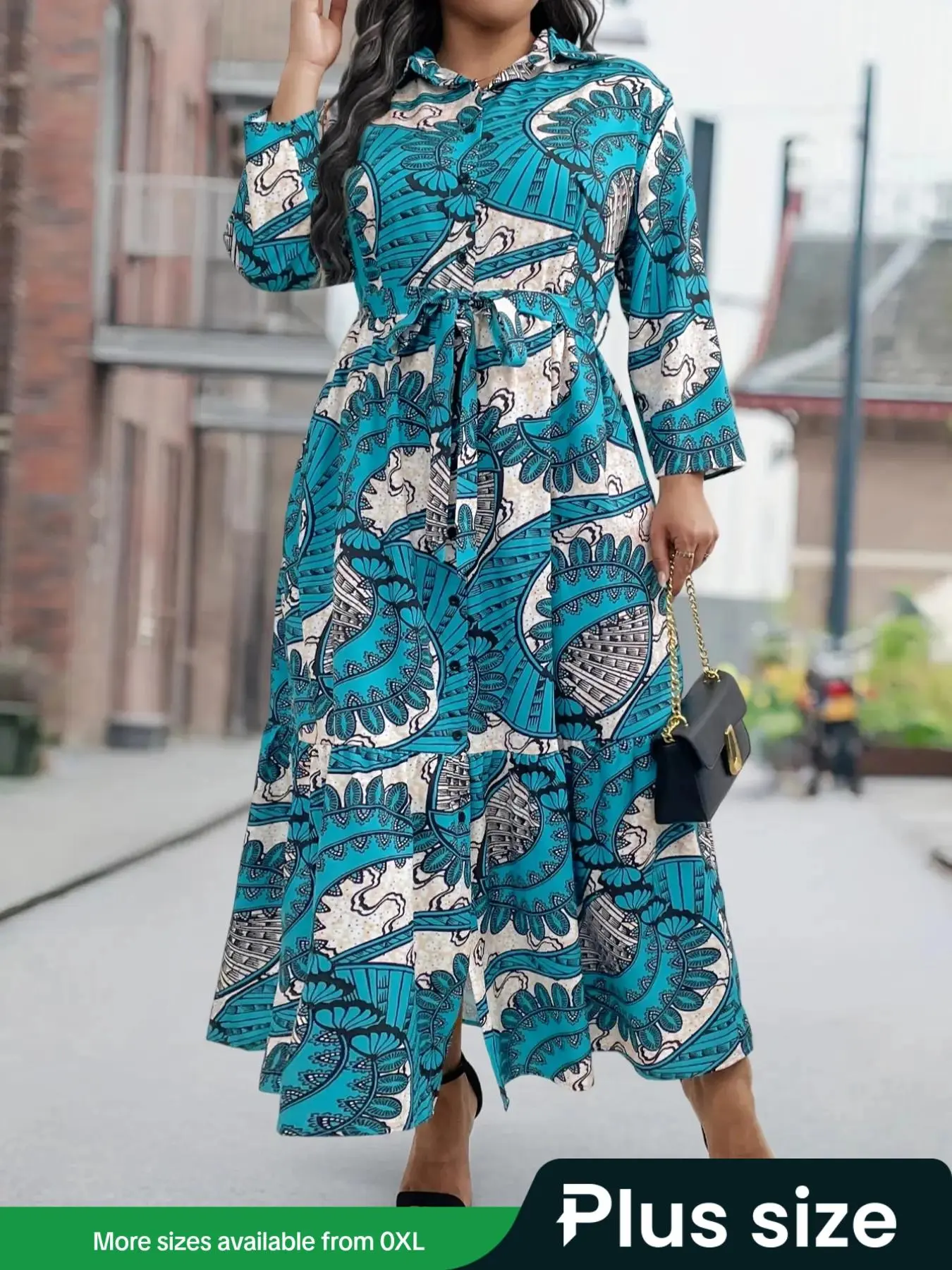 【Plus Size】 All Over Print Belted Dress, Casual Modesty Chic Long Sleeve Dress for Spring & Fall, Women's Clothes for Daily Wear