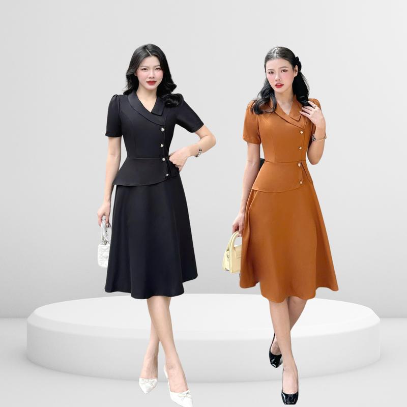 Đầm nữ peplum thiết kế Nhật Vy cổ vest đính nút kiểu form dáng xoè chất lụa công sở dự tiệc - D3170 Women Dress Nhung
