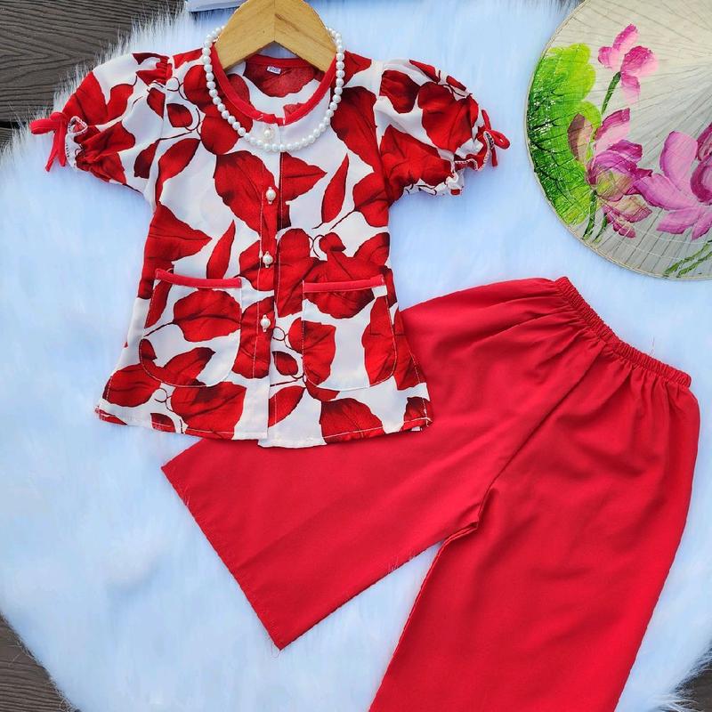   9-32kg  Bộ áo bà ba lụa mát phối túi tay áo nhún phồng + quần dài cho Bé  mua 2 bộ kèm 1 vòng ngọc  