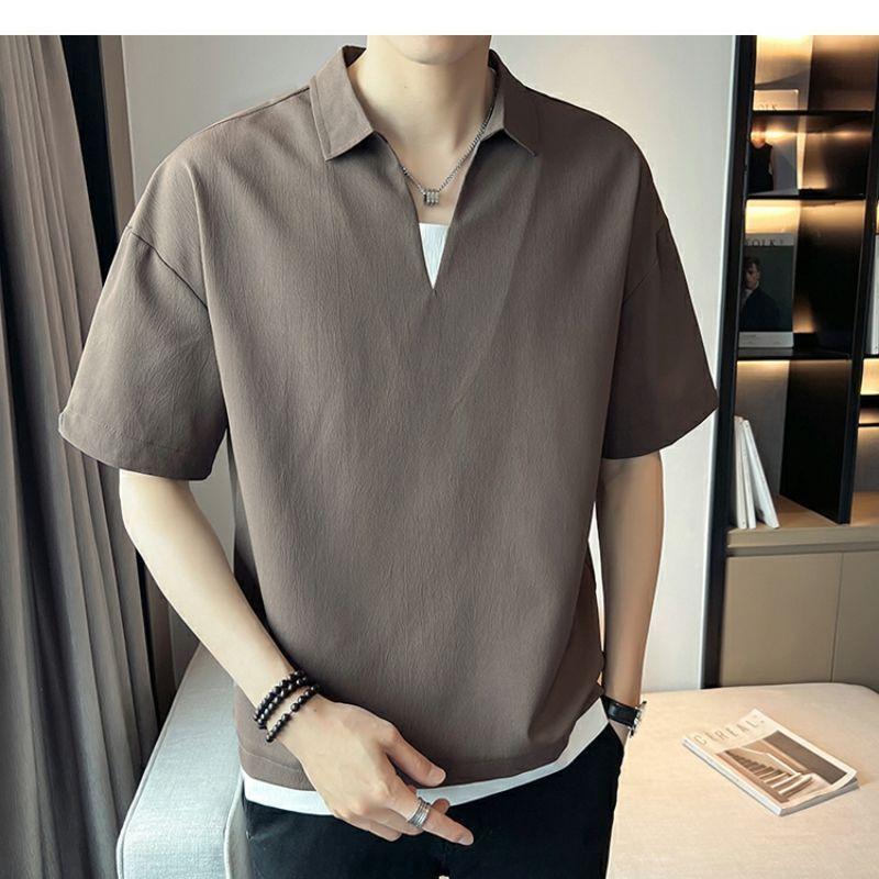 Product Introduction of 2025 Fake Two-Piece V-neck T-shirt Men's Ins Fashion Brand Short Sleeve Polo Shirt Ice Silk Half Sleeve 2023 New Summer Matching Suit 2