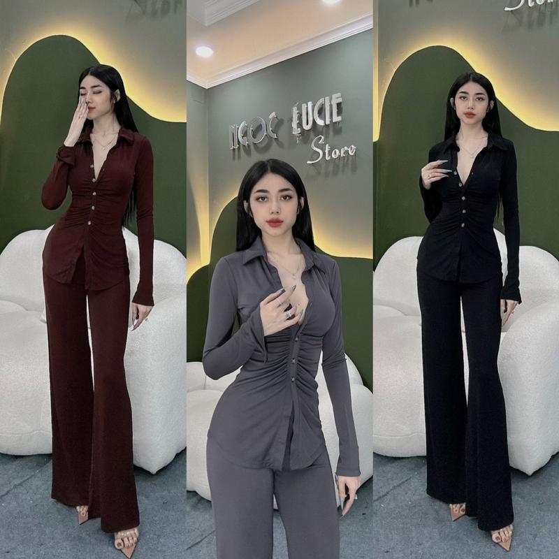 S145 - Set Quần Suông + Áo Sơ Mi Nhún Eo Tay Dài Ngọc Lucie