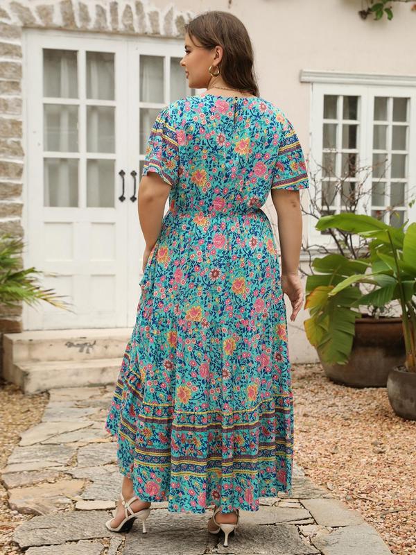 【Plus Size】 Ditsy Floral Print Dress, Fashion Casual Short Sleeve Dress for Daily Holiday Vacation Wear, Women Plus Clothing for Spring 5