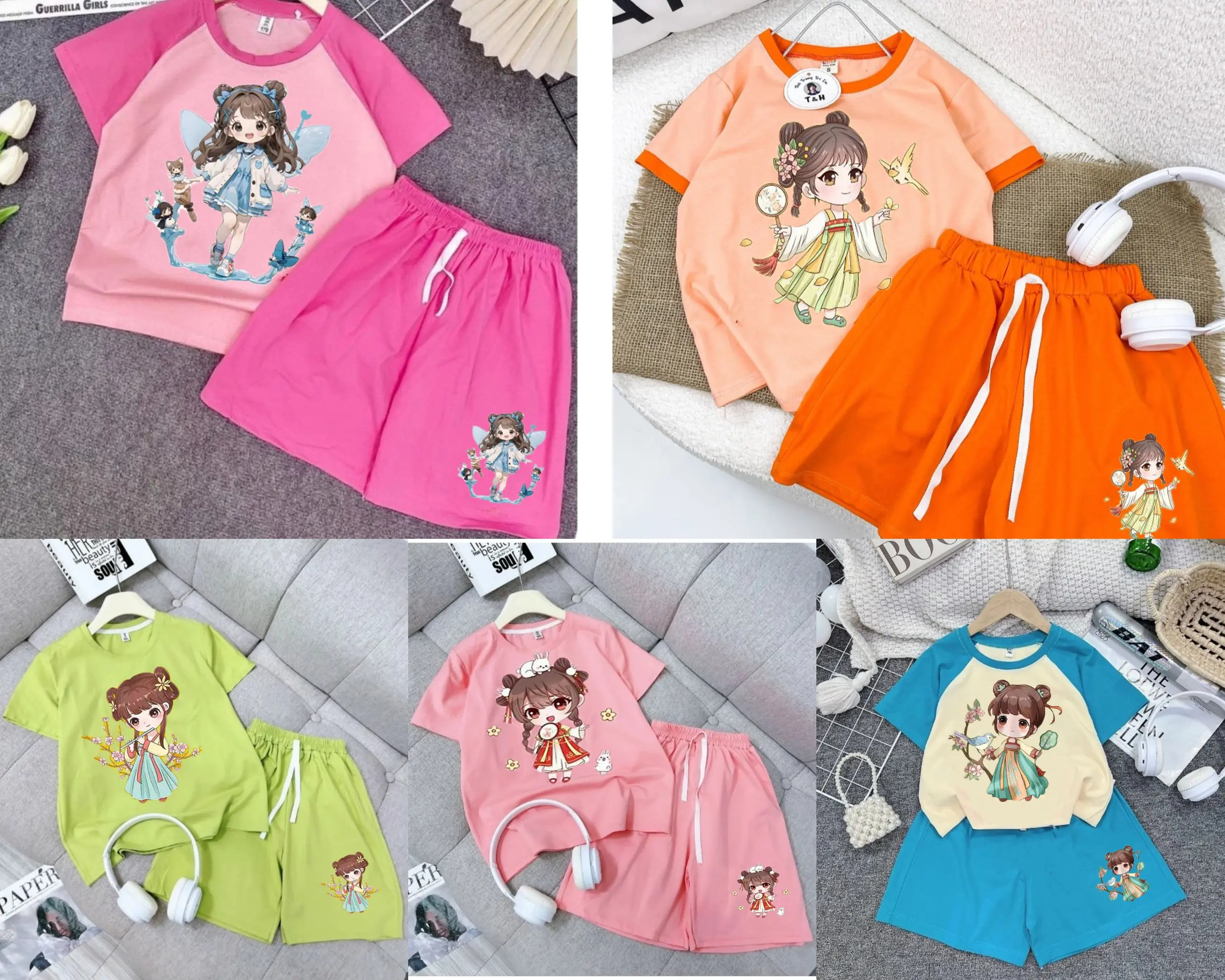 Combo 5 bộ Bé Gái Hoạ Tiết Kute Đáng Yêu Cho Bé Gái Sezi 10-55kg.