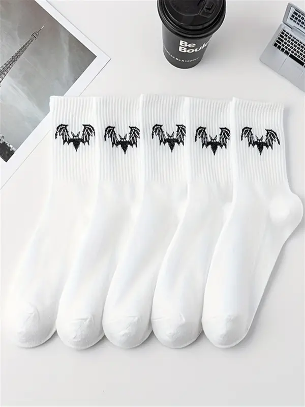 Women's 5 Pairs Bat Print Crew Socks, Fashion Casual Comfy Socks for Daily Outdoor Wear, Women Socks for All Seasons 0