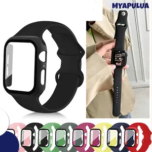 Tali Jam Tangan PC Case + Silicone Strap for Apple Watch SE Ultra 3 2 49 Series 11 10 9 8 7 6 5 46 45 41 44 40mm Iwatch Series SE 3 4 2 1 42mm 38mm Rubber Band Tempered Glass Film Cover Accessories for Smartwatch I8 S10 S8 S9 Pro Max 8 MAX 9 PRO S20 T500