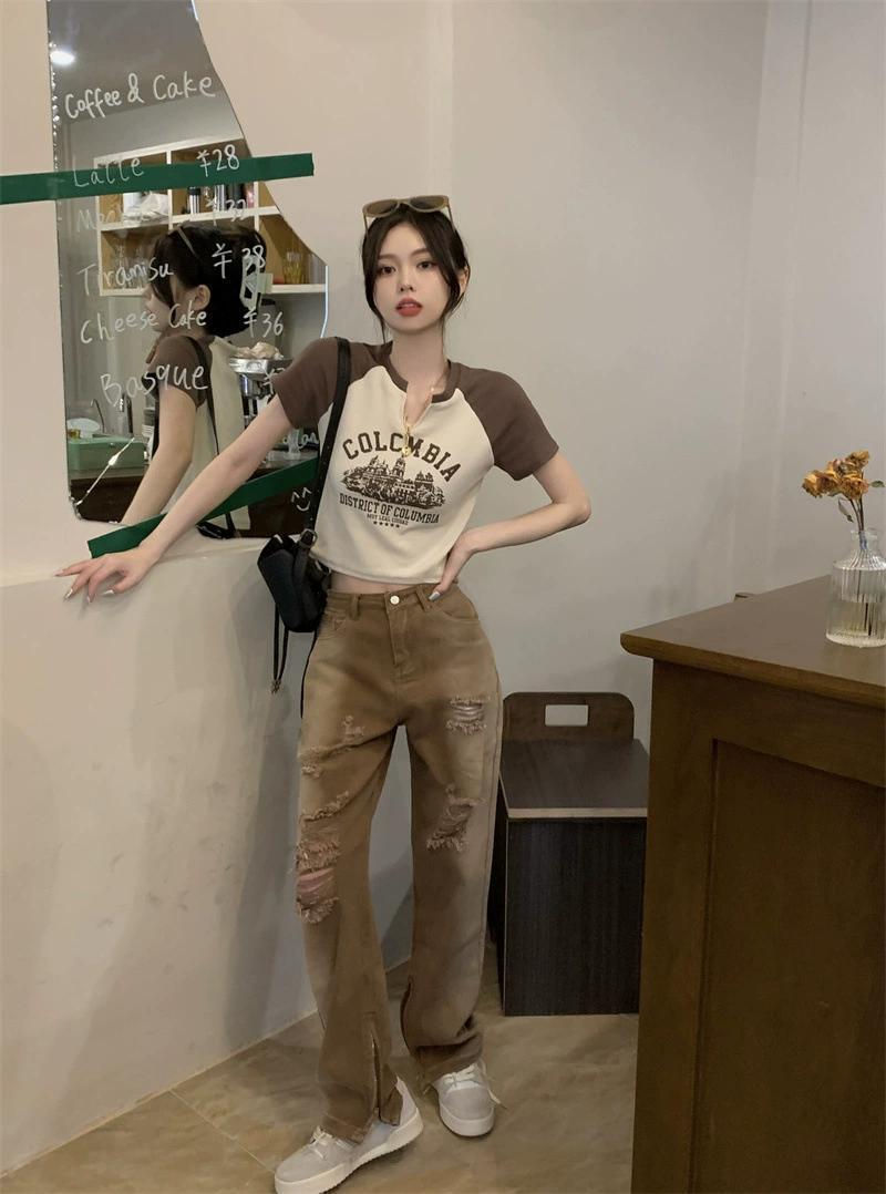 Product Introduction of Trendy V-Neck Short Sleeve T-Shirt for Women Spring Summer 25 Styles Sweet and Spicy American Retro Design Short Student Top Fashion 9