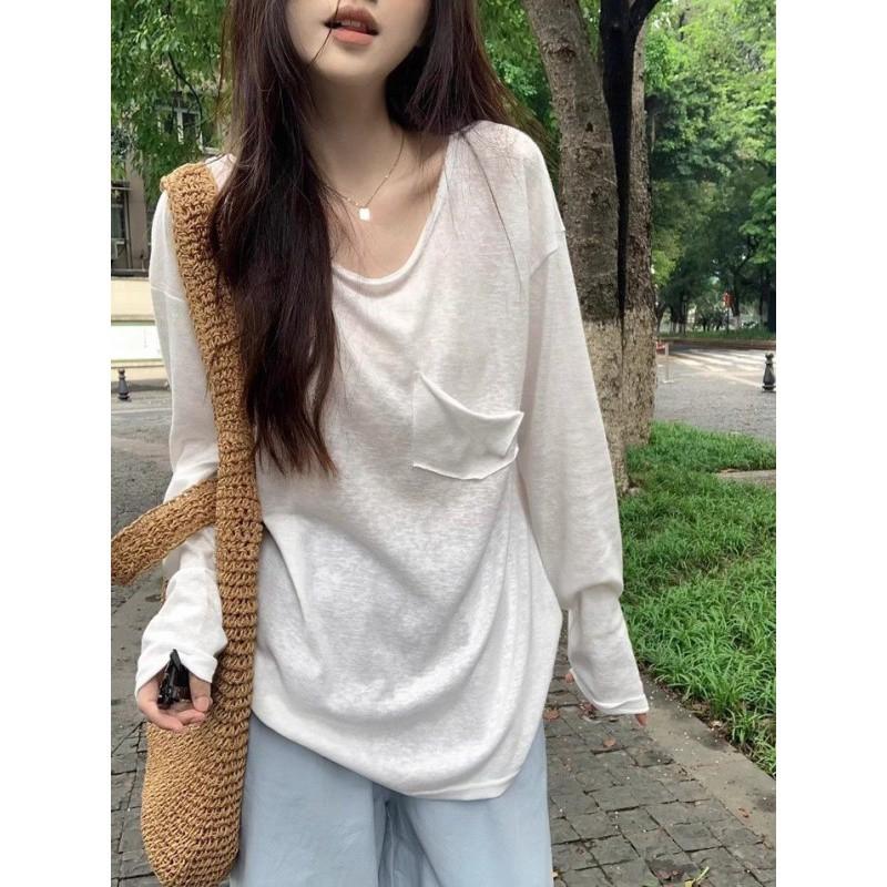 Áo dài tay may túi chéo màu trắng peonyb - Thun sweater form rộng oversize bigsize kiểu dáng bánh bèo hotgirl mặc thu đông nữ tính đẹp