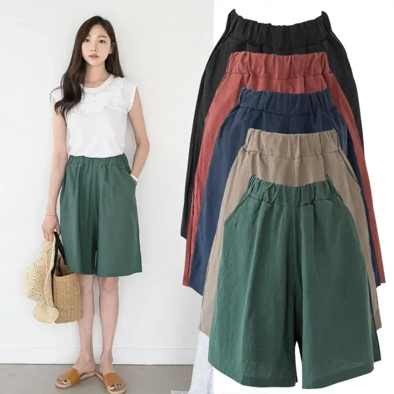 Women's Casual Straight-leg Draped Linen Cotton Blend Loose-fit Mid-waist Shorts Summer Comfortable Pants
