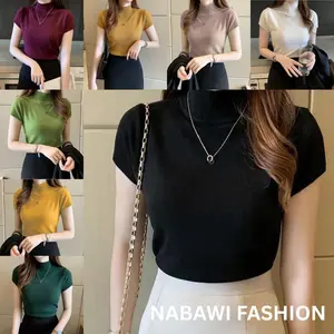 KYLA Knitwear Wanita – Atasan Rajut Turtleneck Polos, Lengan Pendek Gaya Korea Simpe