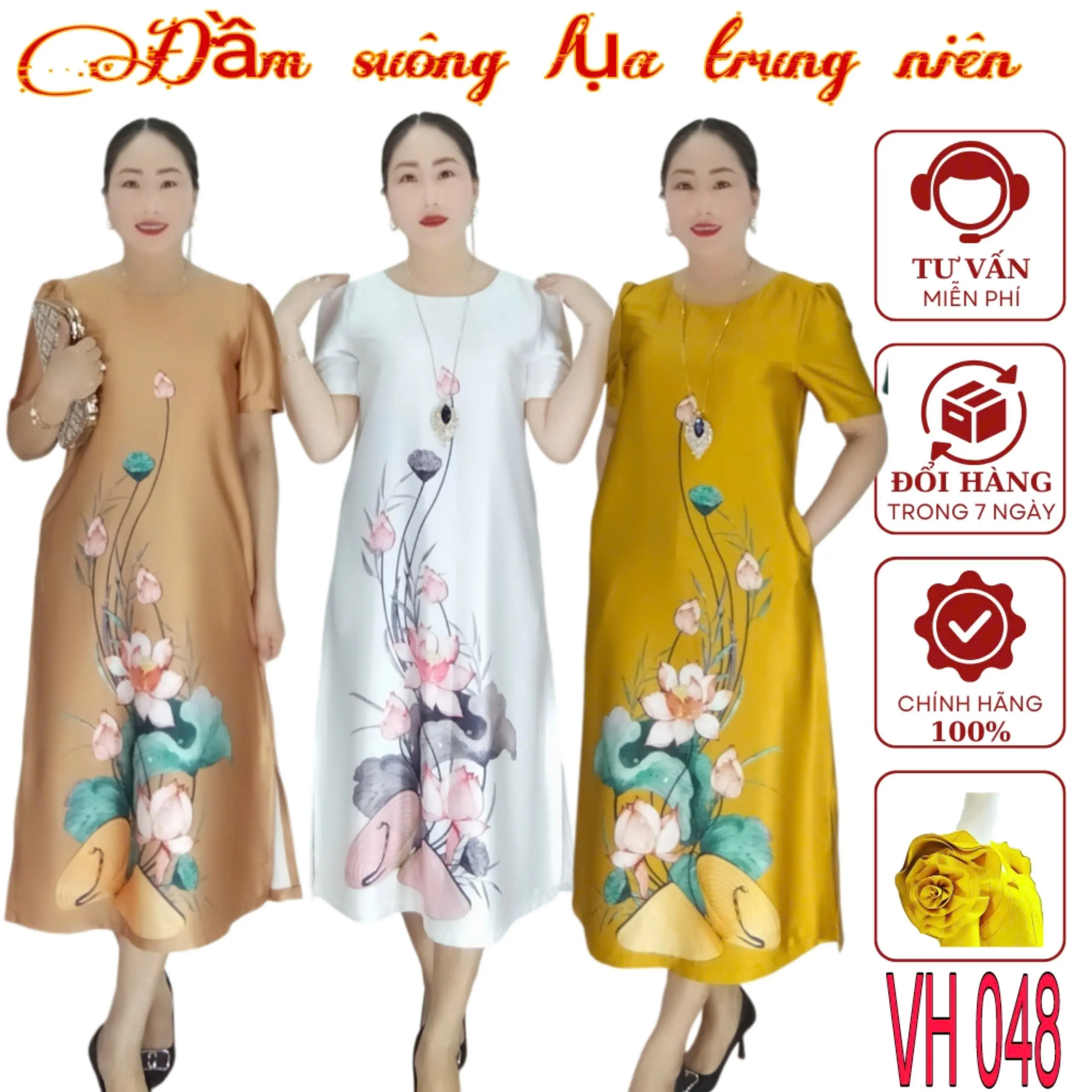 Đầm lụa VH048 in hoa 3D thiết kế fom che khuyết Điểm Sang chảnh ,quý phái  dành cho tuổi trung niên Nữ Women Dress Kem