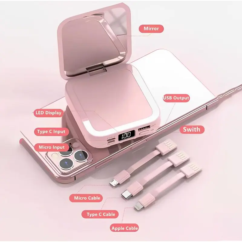 Powerbank Chính Hãng, Dung Lượng 50000mAh, Kích Thước Nhỏ, Có Gương Trang Điểm, Sạc Tích Hợp 4 Dây 1
