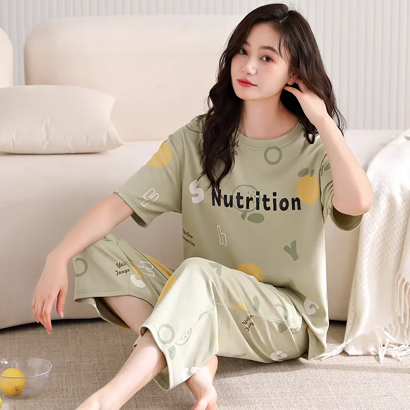 Bộ Đồ Ngủ Nữ, Chất Liệu Cotton Mùa Hè, ngắn Tay, Quần Cropped Xén, Ngoại Cỡ, Hàng Mới Về Mùa Hè 2024, Phong Cách Thường Ngày Thích Hợp Cho Mùa Xuân Và Mùa Thu, Bộ Đồ Mặc Nhà
