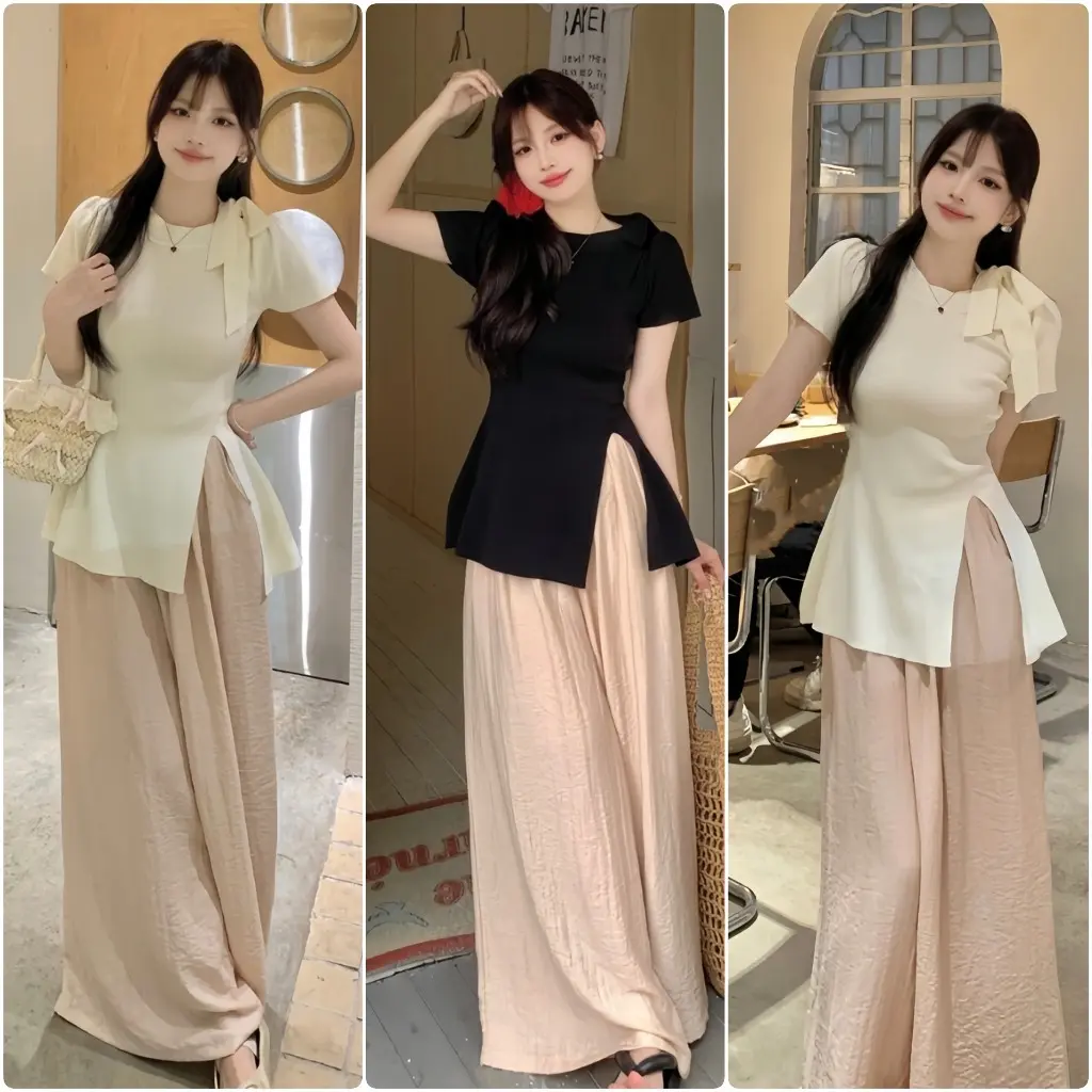 Sét Bộ Gồm Áo Thun Tăm Xẻ Tà Cổ Tròn Thắt Nơ + Quần Đũi Nhăn Có Túi Nữ Women Top Nhung