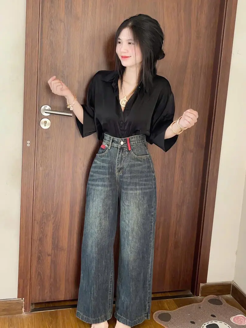 Quần suông bò cạp cao tôn dáng dễ mix đồ Họa tiết nổi bật Hot Top Nữ Women Jean