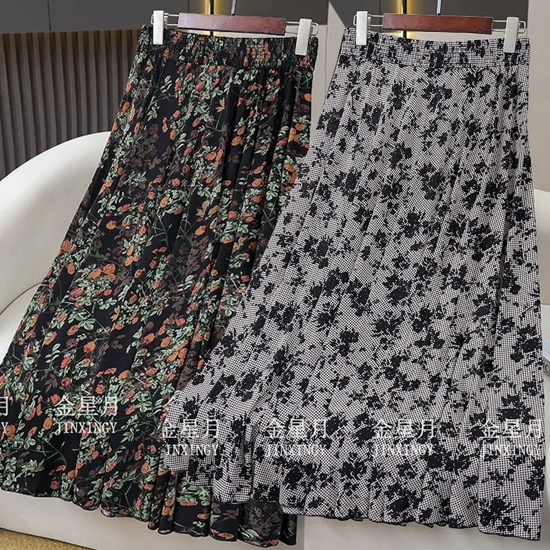 Skirt Elastik Pinggang Tinggi, Rekaan Bunga, Panjang Setengah, 72 Panjang, Sesuai untuk Musim Panas, Gaya Tarian Persegi, Fabrik Nipis, Ketibaan Baru Wanita Retro bella  swan  khaki  skirt