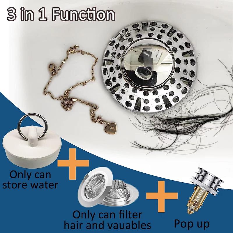 Bathroom Sink Drain Stopper, 3-in-1 Pop Up Tub Drain Hair Catcher, Drain Cover with Strainer for 1-3/8 To 2in Bath Drain Hole 4