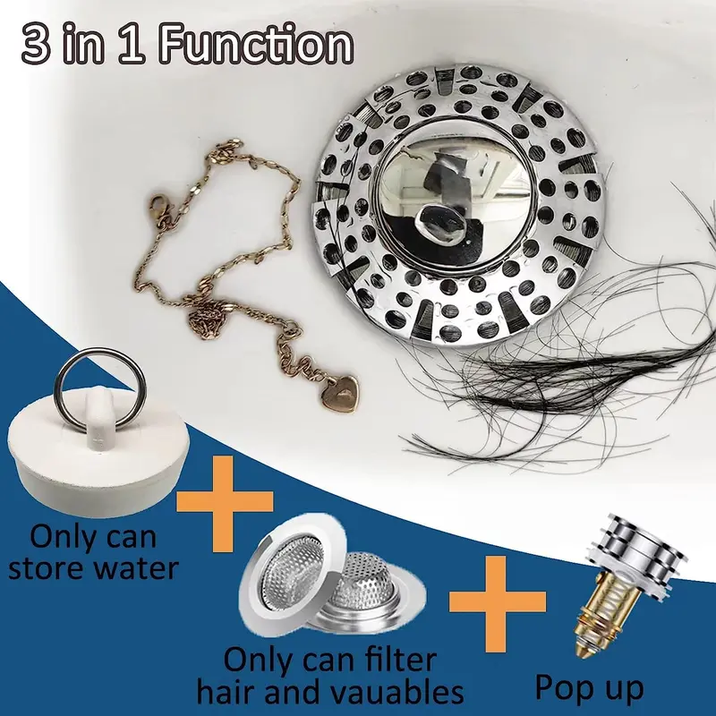 Bathroom Sink Drain Stopper, 3-in-1 Pop Up Tub Drain Hair Catcher, Drain Cover with Strainer for 1-3/8 To 2in Bath Drain Hole 4