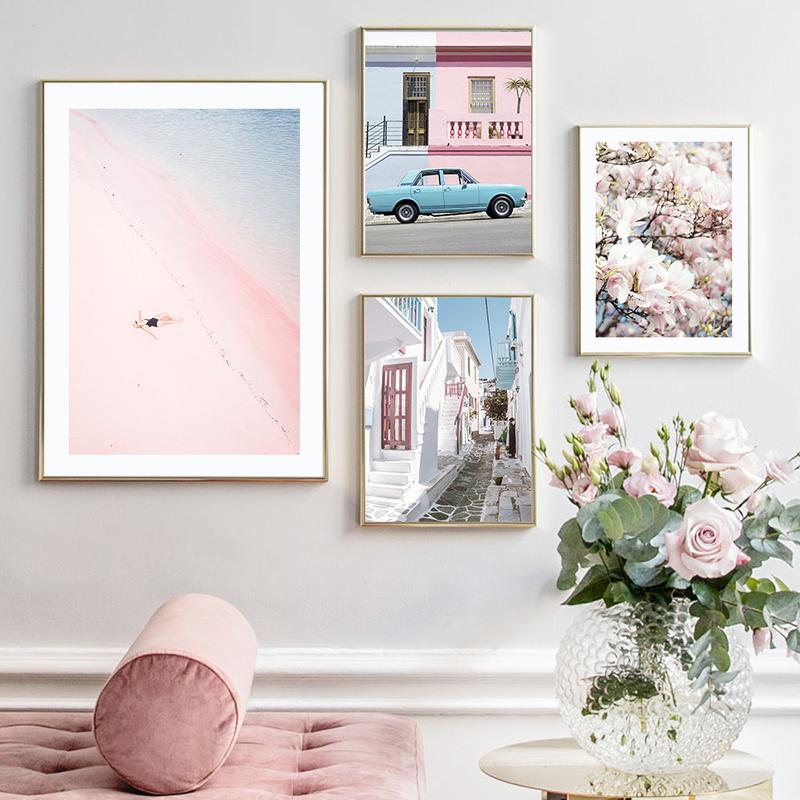 Pink Cloud Peony Flower Beach Door Street Wall Art Canvas Painting Nordic Posters And Prints Wall Pictures For Living Room Decor 1