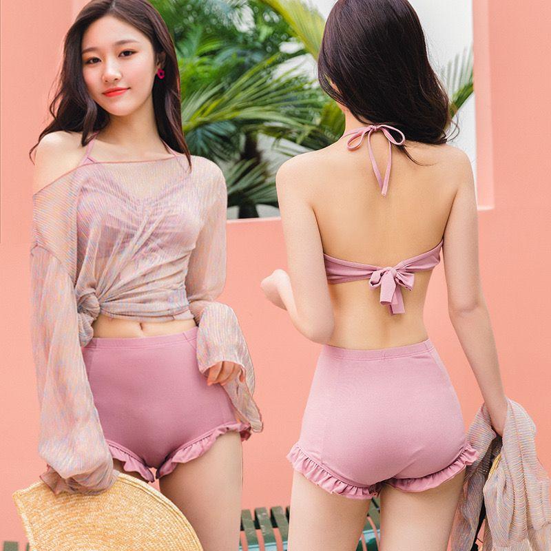 Product Introduction of Women's Swimsuit 2025 New Korean Ins Sexy Three-Piece Set Tummy Control Slimming Gathered Conservative Fairy Style Swimwear 23