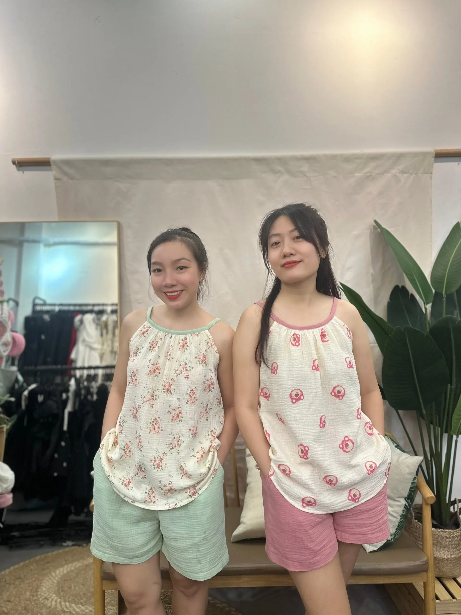 Đồ bộ mặc nhà Muslin, đồ ngủ dễ thương, đồ ngủ sexy 100% cotton kiểu yếm Nữ Nhung