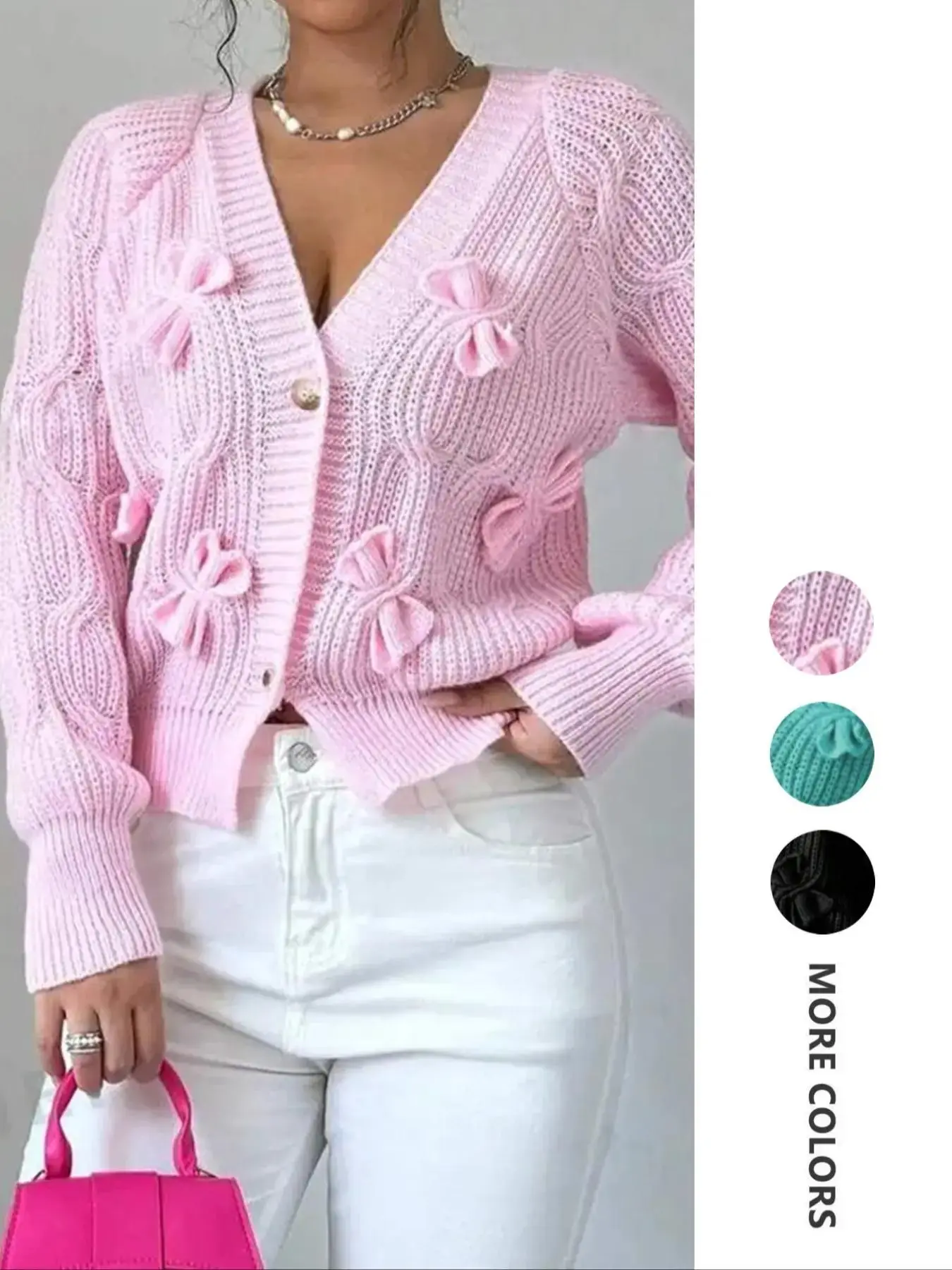 Women's Plain Bow Appliques Button Front Sweater Cardigan, Elegant Long Sleeve V Neck Cardigan Sweater for Fall & Winter, Fashion Women's Knitwear for Daily Wear