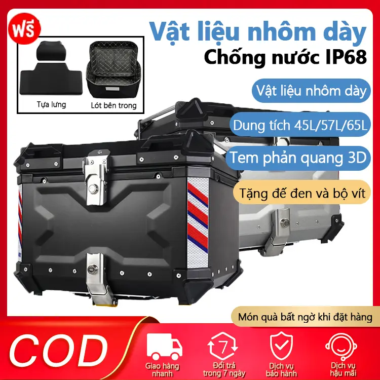 Thùng Nhôm Xe Máy 45L/57L/65L Chính Hãng VetaBox Full Đế, Lót Thùng, Tựa lưng (Chung nhà máy Motowolf) 0