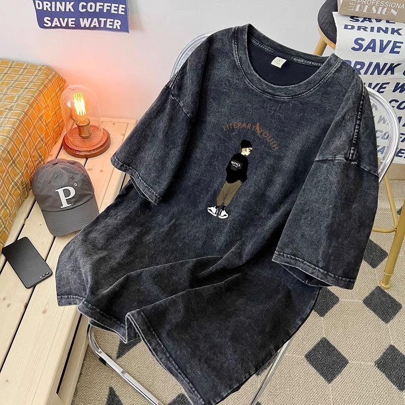 cotton nguyên chất mùa hè 2025 phong cách mới giặt đau khổ đa năng thời trang phong cách Hàn Quốc hợp thời trang rộng rãi cho nam nữ áo thun ngắn tay in hình học sinh cao cấp 6