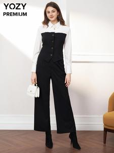 YOZY Two-piece Set Women's Colorblock Button Front Shirt & High Waist Plain Plicated Pocket Zipper Fly Pants, Elegant Fashion Casual Two Piece Outfits for Work Office Business, Women's Clothing for Spring & Fall, Valentine's Day Gift for Girl