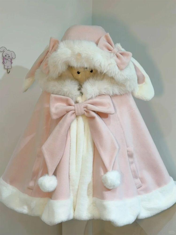 Product Introduction of 2024 Autumn and Winter New Sweet Cute Rabbit Ears Woolen Cloak Loose Youthful-Looking Bow Hooded Chic Coat 11