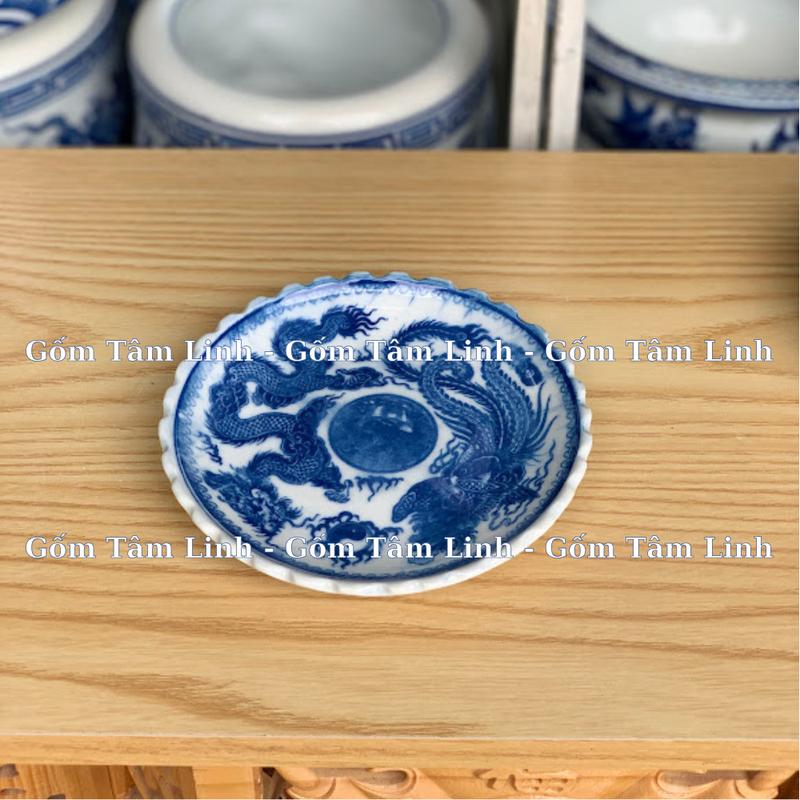Đĩa thờ cúng, đĩa đựng trầu, đĩa đựng cau, đĩa xin đài âm dương vẽ rồng men xanh trắng Bát Tràng 5