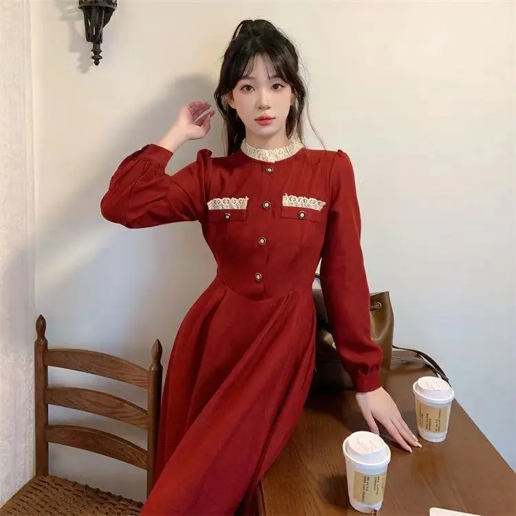 Quần Áo Nữ, Phong Cách Pháp, Giáng Sinh Và Năm Mới, Ngoại Cỡ, Váy Cô Gái Mũm Mĩm, Quần Áo Thu Đông, Váy Dài Hepburn Bó Sát Năm, Dành Cho Phụ Nữ Voi Women
