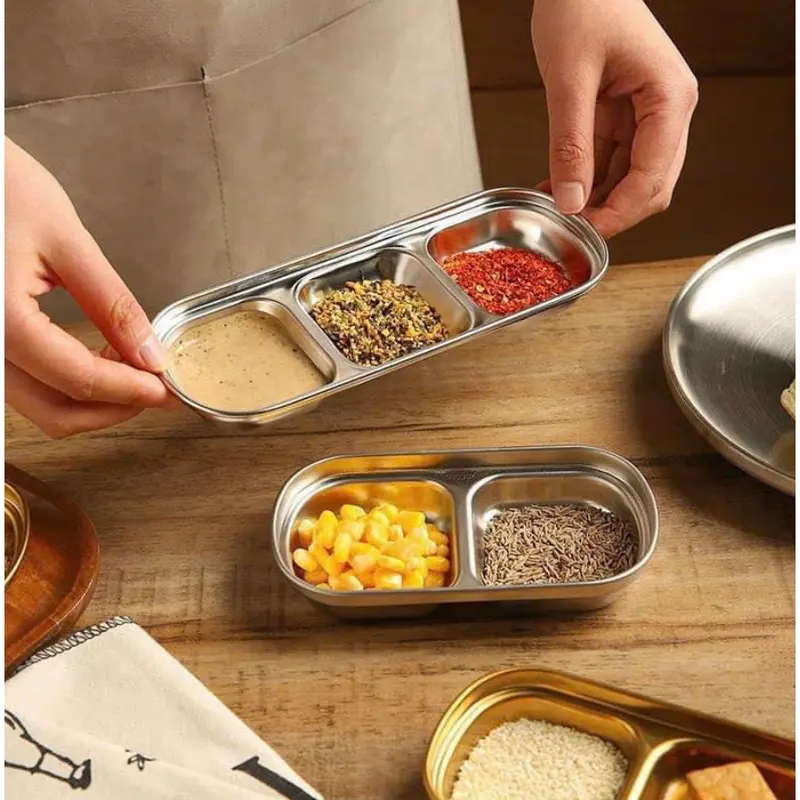 Khay Đựng Nước Chấm 2/3 Ngăn Bằng Thép Không Gỉ 0