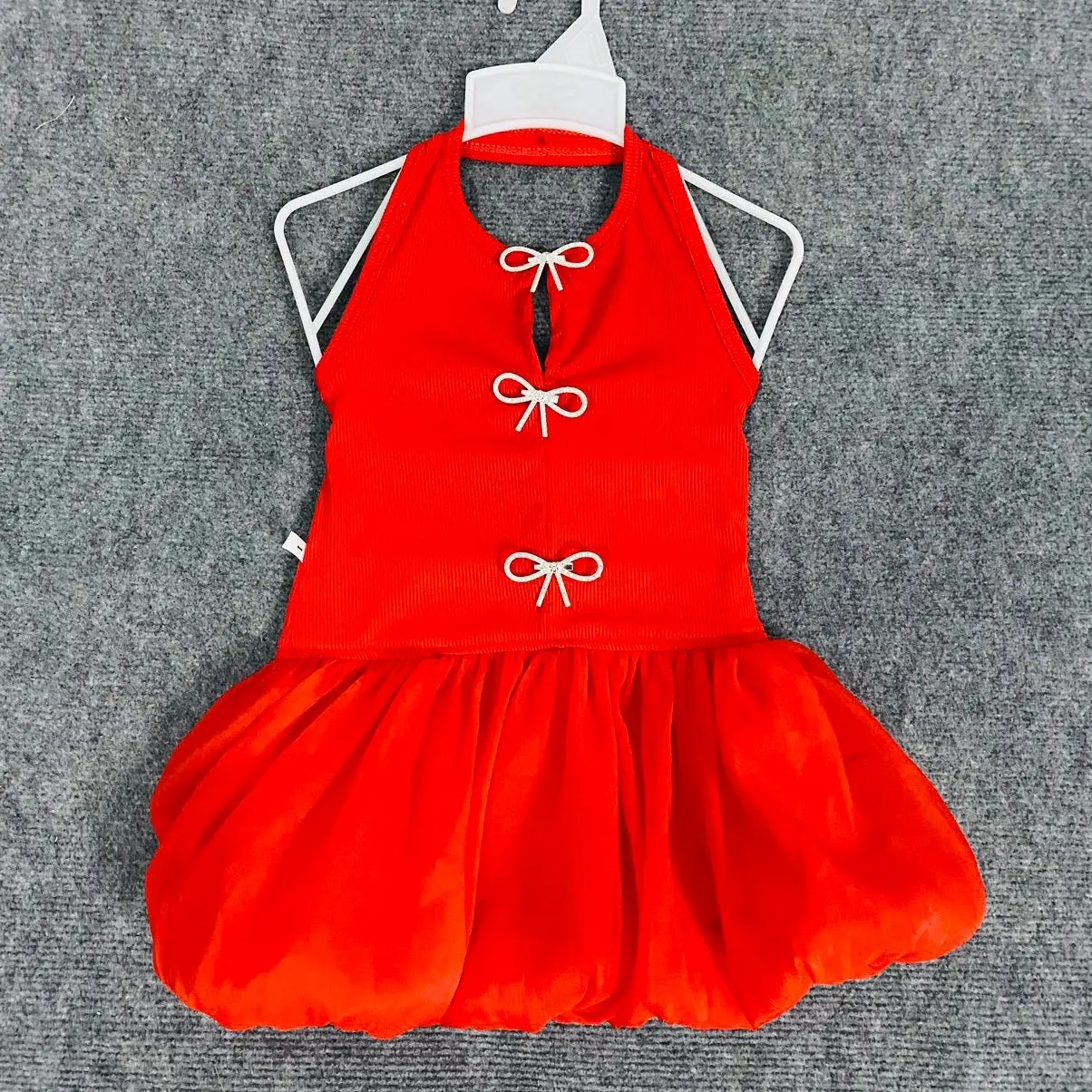 Đầm bí cổ yếm liền,sau hở lưng,cổ trước cài nơ đá cho bé gái,size:7/26kg