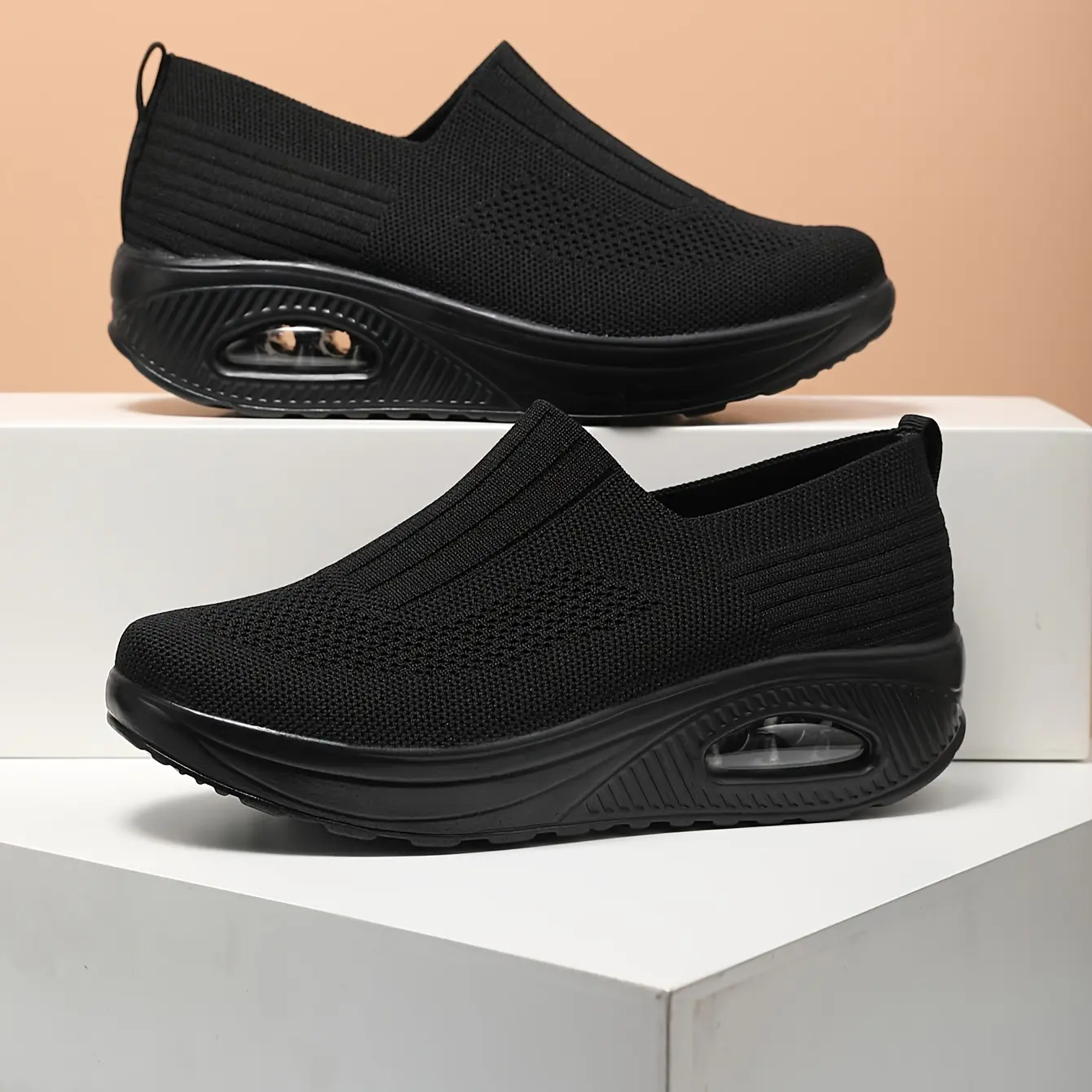 Women's Flyknit Sock Shoes Slip-On Lazy Air Cushion Rocking Sole Footwear Girl