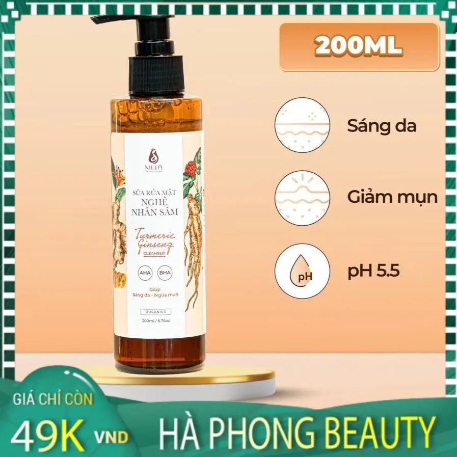 Sữa Rửa Mặt Nghệ Nhân Sâm MELA Cho Da Dầu Mụn Sáng Da Tẩy Tế Bào Chết 200ml - HÀ PHONG Beauty