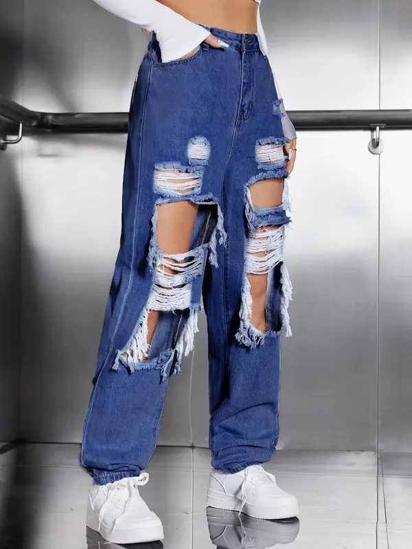 Women's High Waist Ripped Jeans, Fashion Casual Loose Fit Distressed Straight Leg Denim Pants, Destroyed Hole Jeans, Lady Bottoms for Daily Wear Streetwear, Women Jeans, Womenswear, Baggy Jeans 5