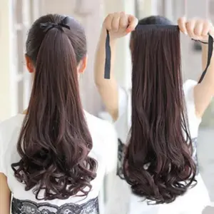 GF Wig Ponytail Anak Rambut Palsu Extension Hair Clip Ponytail Model Pendek Keriting  35cm Ponytail Curly Tali kuncir kuda keriting berbentuk buah pir dengan pita, rambut keriting panjang, cokelat dingin, krem, pirang keemasan, ujung rambut hijau lembut