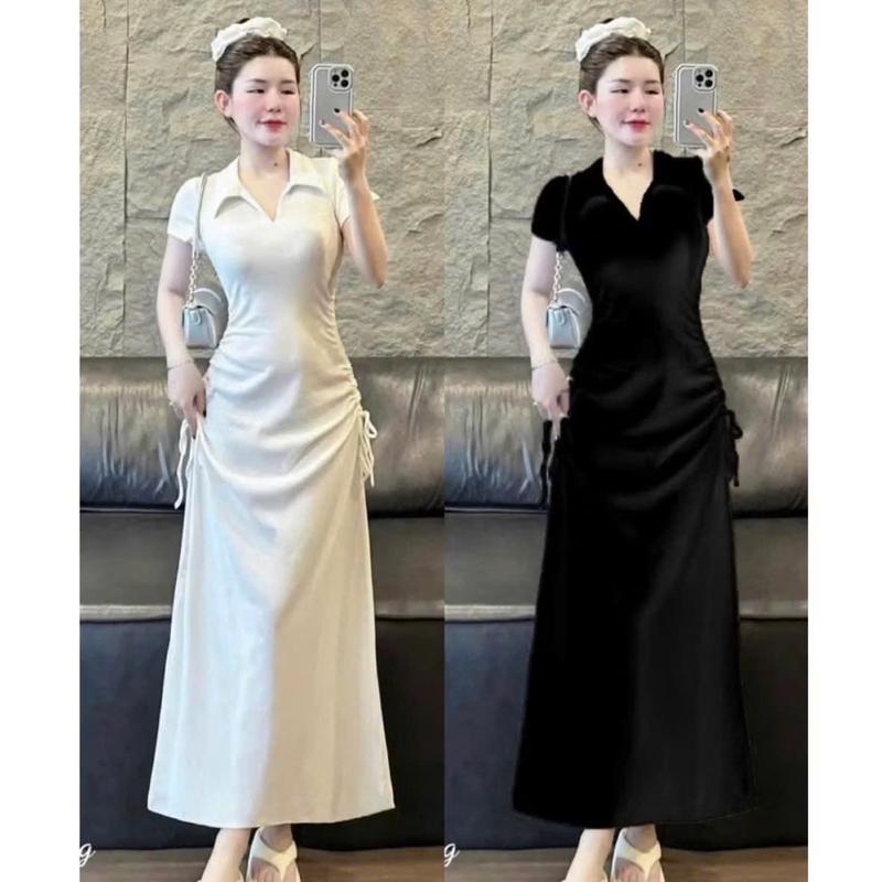 D109 Đầm cổ sơ mi kiểu rút dây co giãn