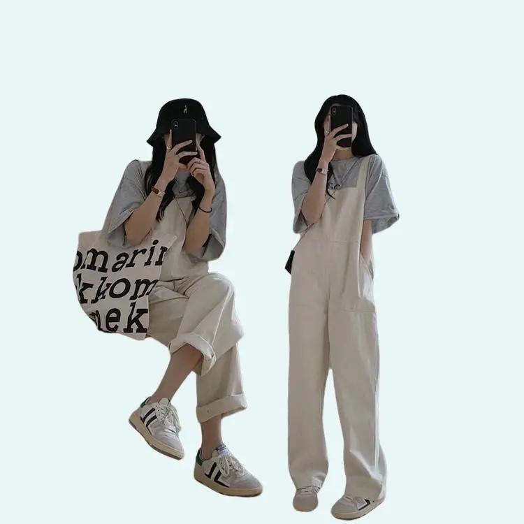 Yếm quần be sữa dáng suông free size 40-60kg Kaki Nữ Women Voi Nhung