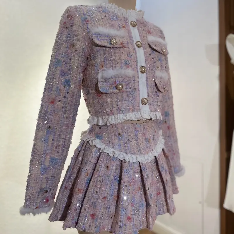 RiinB - Sét dạ tweed pinker cườm - sẵn tại HCM( có size L+ dành cho khách eo trên 77)
