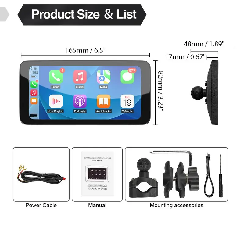 6.5 Inch Motorcycle Smart Screen, Touch Screen Portable Android Auto Bluetooth-compatible Anti-theft Waterproof GPS Navigation, Dashboard, Car Camera 1