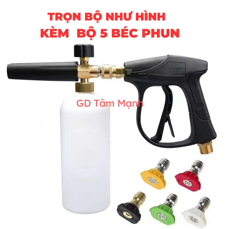 Bộ vòi xịt phun bọt tuyết rửa xe 1L lắp máy rửa xe áp lực cao và 5 béc xịt góc độ. 0