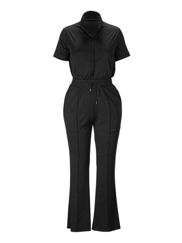 lovelywholesale Women's Plain Co-ord Set, Casual Zip Up Top & Drawstring Flare Leg Pants, Chav Sets, Summer Outfits 2024, Curvy Holiday Outfits 2024 2