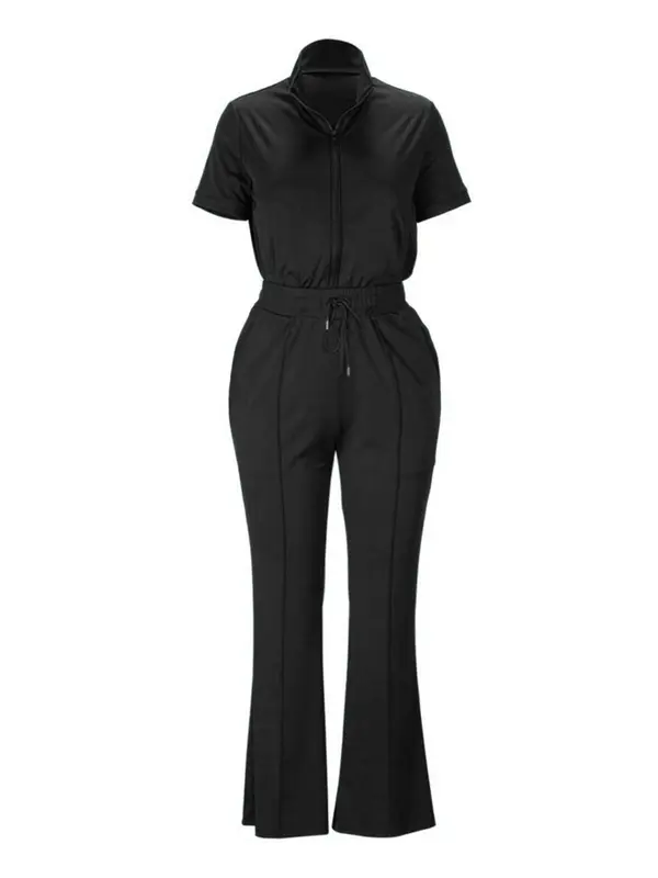 lovelywholesale Women's Plain Co-ord Set, Casual Zip Up Top & Drawstring Flare Leg Pants, Chav Sets, Summer Outfits 2024, Curvy Holiday Outfits 2024 2
