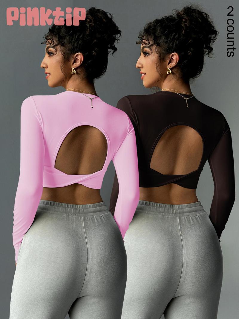 Product Introduction of Women's Solid Backless Sports Tee, Sporty Thumb Hole Design Long Sleeve T-shirt for Yoga Gym Workout, Ladies Sportswear for All Seasons 7