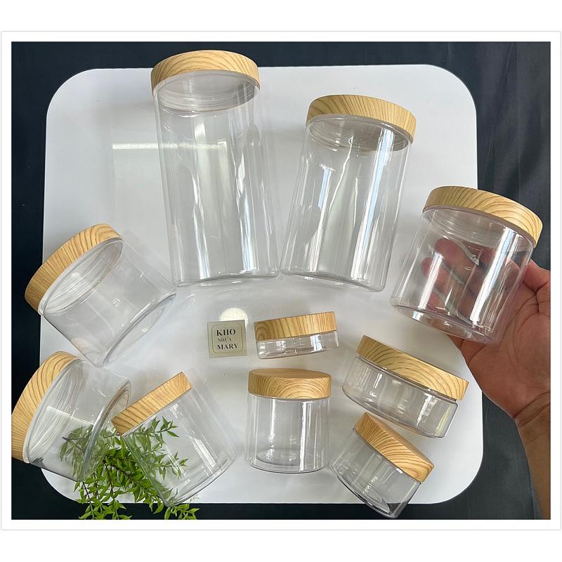 ( SET 5 ) HỘP NHỰA NẮP GỖ màu - Hủ pet Trong suốt 100g 200g 500g 750g 1000g - Hủ Pet Cao cấp đựng kem , chiết Mỹ phẩm , đựng bột
