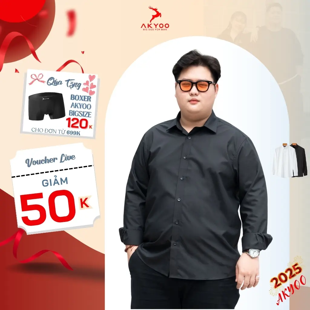 Áo sơ mi nam big size AKYOO đen trắng, vải nến cao cấp, có cổ, có túi, cổ tròn, size từ 80-130kg