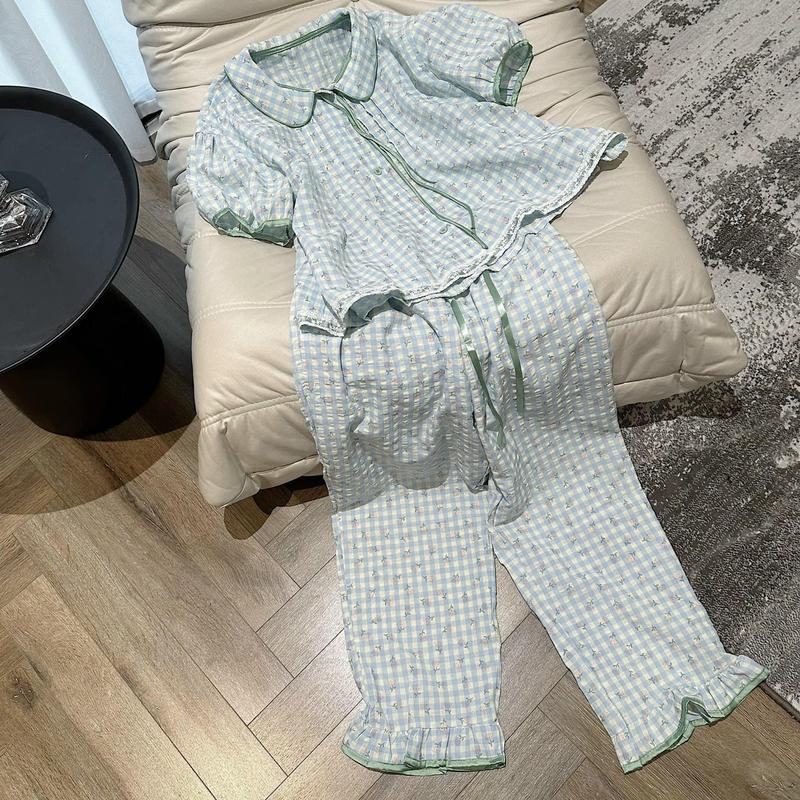A18- Pijama bánh bèo kẻ cộc dài tiểu thư cho nữ hoạ tiết kẻ hoa xanh- Bộ Quần Ngủ tiểu thư mặc nhà hàng cao cấp Women